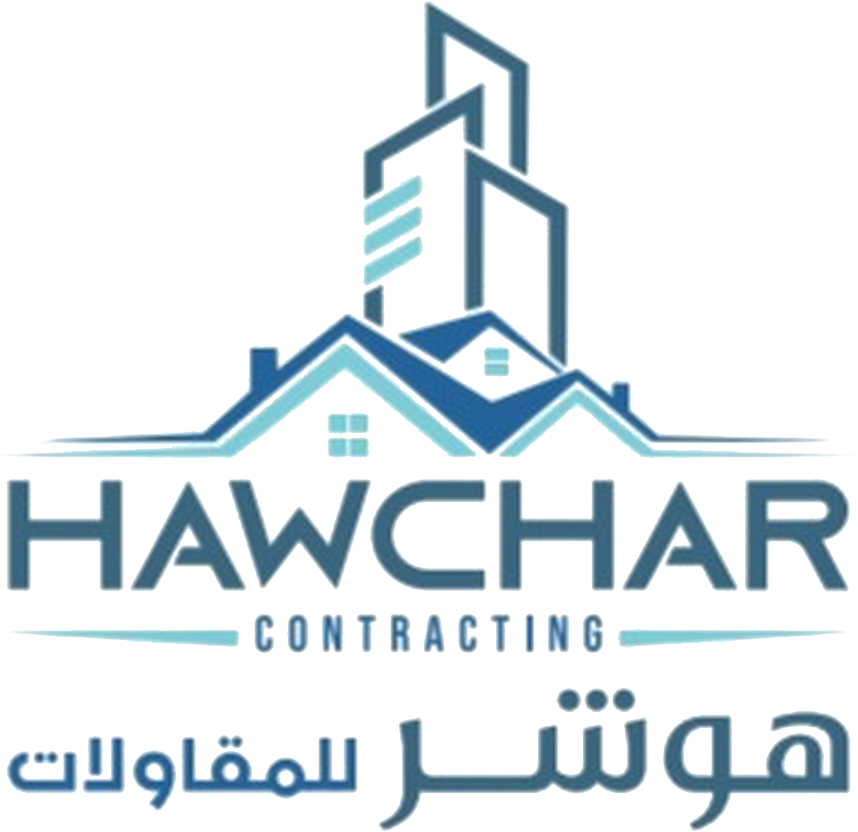 Hawchar Contracting logo, a blue building and roofs mark