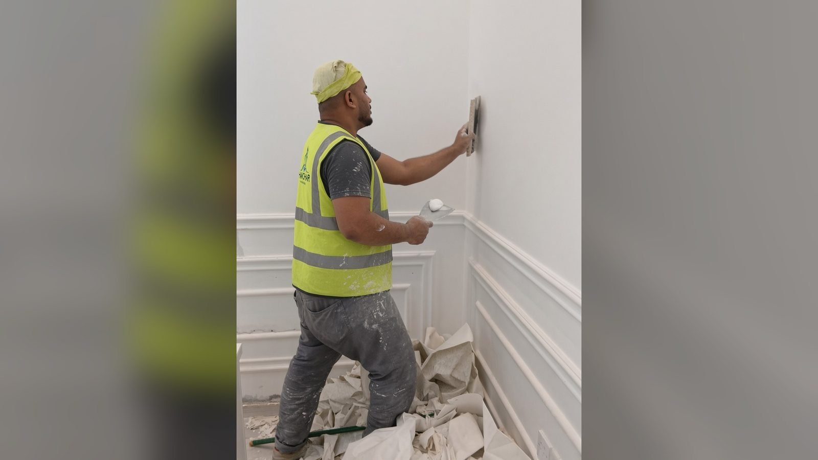 Site worker applying internal plaster to a wall in Qatar