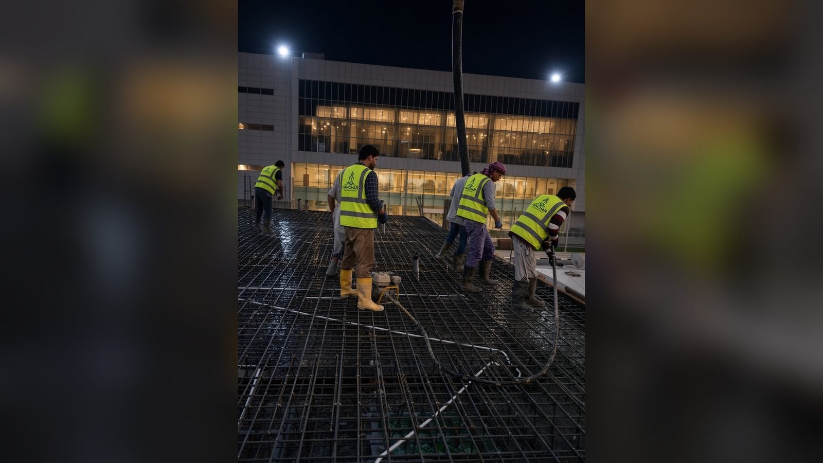 Night-time roof concrete pour with the site team in Doha