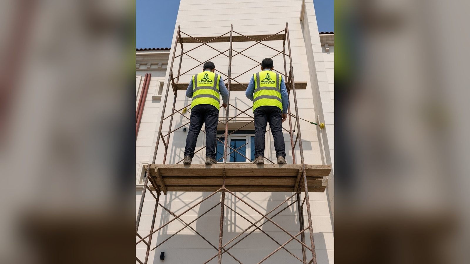 Site team working from scaffolding on a facade in Qatar