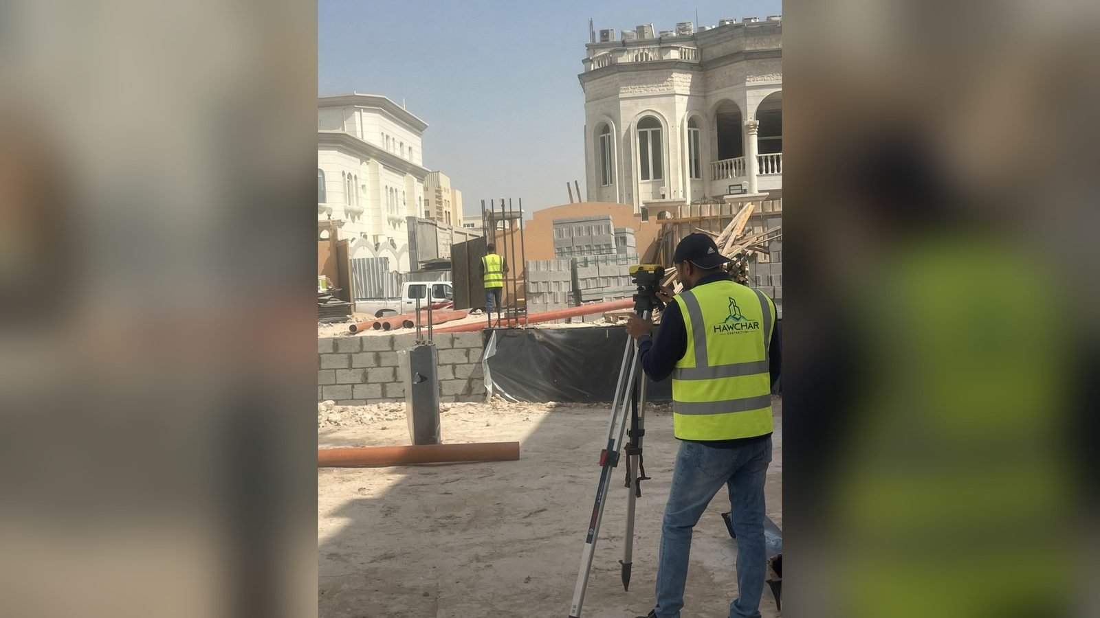 Site team setting out levels with a survey instrument in Doha